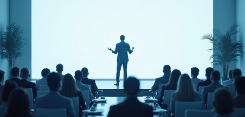 Business conference with speaker on stage. Audience listens intently. Professionals at corporate event. Presentation about marketing tech. Public speech. Leadership, motivation concepts.