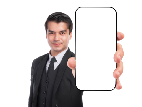 Confident businessman in black suit showing smartphone with blank screen towards camera, promoting app or digital content, isolated on a transparent background, close-up hand focus
