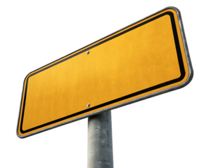 A blank yellow road sign with a black border mounted on a gray metal pole against a black background