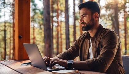 Freelance trabajando en una cabaña en el bosque