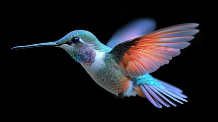 Vibrant hummingbird in flight against black backdrop.  Feathers display  a spectrum of blues, greens, pinks, and oranges.  Dynamic wingspan.  Sharp focus on bird