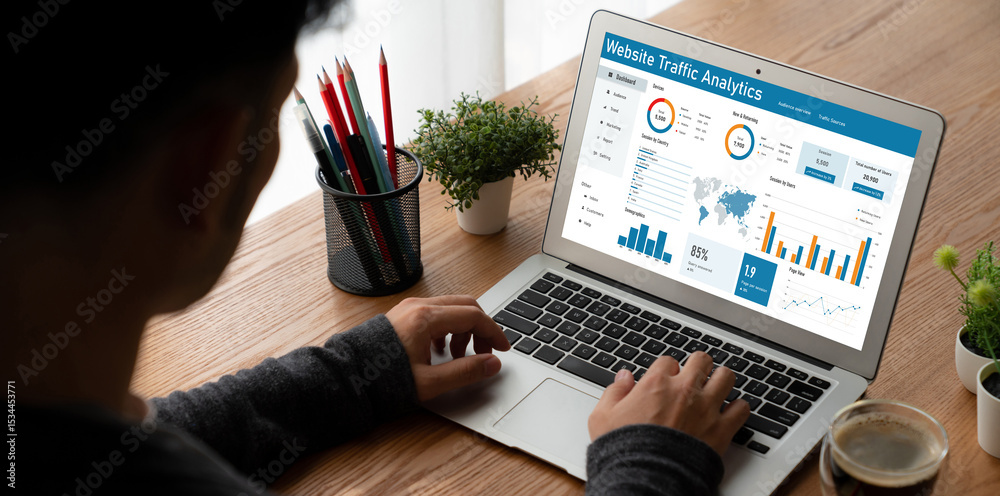 Poster computer software for website traffic analytics data on computer screen. concept of seo search engin