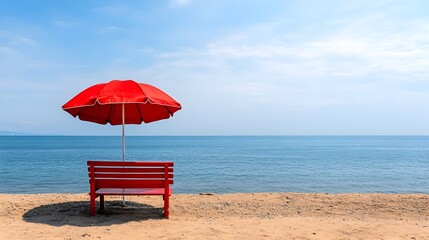Red bench, umbrella, beach, sea, summer