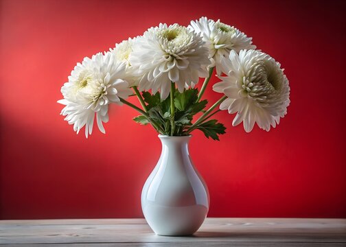 Flores de crisantemo blancas decorativas en un jarr&oacute;n sobre fondo blanco y rojo