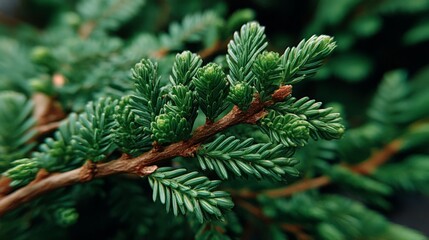 Close-up of a green pine branch with detailed needles and brown stem