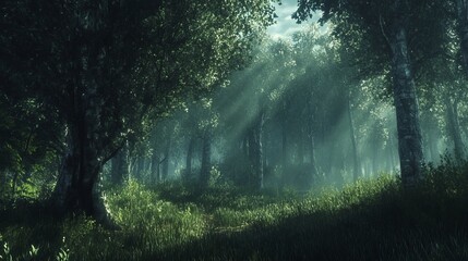 Obraz premium Mysterious Forest Illuminated by Soft Sunlight Filtering Through Dense Trees in the Early Morning