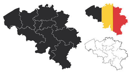 Fototapeta premium Belgian Regions Map This image provides a detailed map of Belgium showcasing its regions, including a black and white version and the national flag, perfect for educational or geographical purposes.