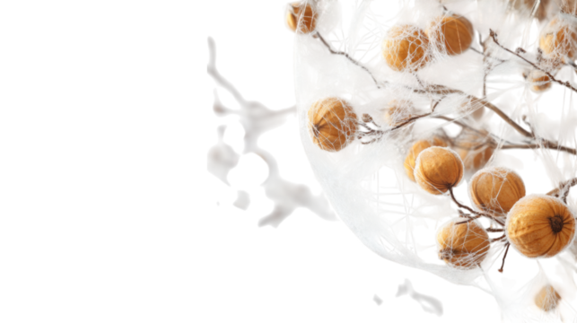 Flying mystical spun sugar webs tangled around golden forest nuts isolated on white background 
