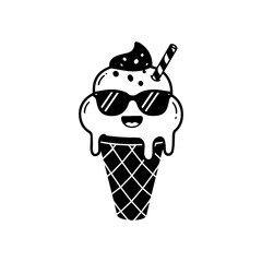 Ice Cream Cone with Sunglass Silhouette Vector Illustration – Cool Summer Dessert Icon, Fun Food Graphic Art

