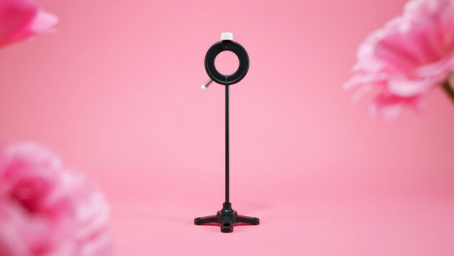 Studio ring light positioned in front of a pink background with decorative pink flowers.