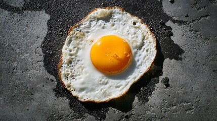 Dramatic overhead perspective capturing a fried egg cooking on a blistering concrete pavement that blends culinary art with the raw intensity of a vibrant summer urban landscape