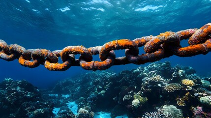 Underwater Oasis: Rusty Chain Embraced by Thriving Coral in a Vibrantly Detailed Tropical Reef Environment
