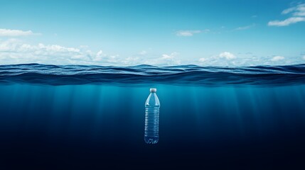 Dramatic Representation of a Plastic Bottle in the Deep Blue, Emphasizing the Enduring Effects of Marine Pollution