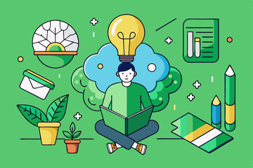 Isometric Knowledge Learning, Person Gaining Insights with Bulb and Books, Green Color Theme, Corporate Development, Project Learning, Vector Illustration of Professional Growth.