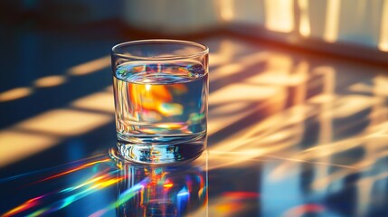 Clear Glass of Water on a Reflective Platform Displaying Sunlight Refracted into a Cascade of Rainbow-Colored Beams, Creating a Brilliant and Tranquil Visual Masterpiece