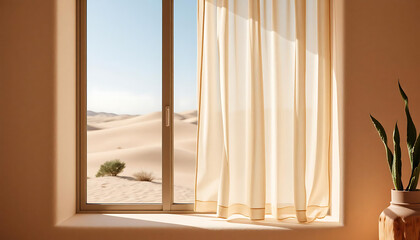 Soft curtain blowing in the breeze by window overlooking desert  