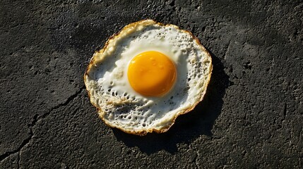Overhead view of a sizzling fried egg on a scorching concrete sidewalk that illustrates an intense summer urban heat and culinary spectacle in a vibrant outdoor setting