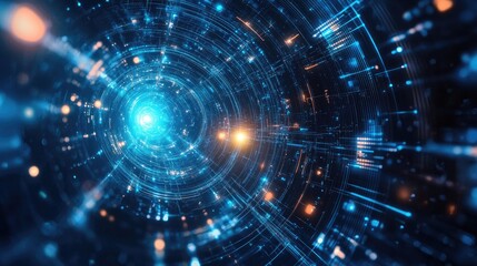 Dynamic Visualization of Abstract Spiral Light Path with Bright Glowing Elements and Futuristic Patterns