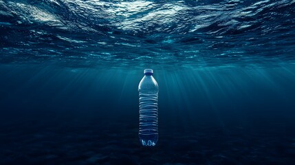 Dramatic Representation of a Plastic Bottle in the Deep Blue, Emphasizing the Enduring Effects of Marine Pollution