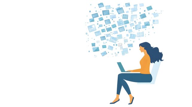 Modern Business Illustration Showcasing a Focused Woman Navigating a Digital Flurry of Emails with an Intricate Customer Feedback Panel