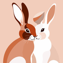 Fototapeta premium Cute Bunny Couple Illustration-Adorable Rabbits in Love-Whimsical Animal Art-Perfect for Easter Decor-Brown and White Hares Together-Valentine's Day Rabbit Theme