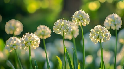 Enchanting Portrayal of Onion Blossoms in a Sunlit Garden with Exquisite Colors, Natural Shadows, and Refined Depth of Field Detailing Every Petal