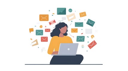 Vibrant Flat Art Illustration of a Woman Surrounded by Animated Email Icons Representing Real-Time Newsletter Engagement and Customer Feedback in Digital Business