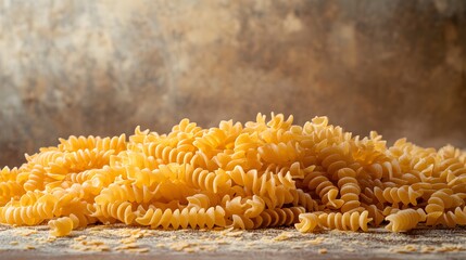 Intricate Rustic Composition of a Heap of Spelt Pasta with a Soft and Abstract Organic Background Evoking Detailed Culinary Artistry