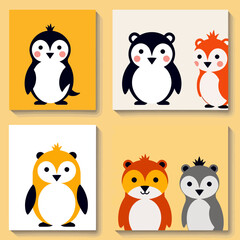 Obraz premium Cute Cartoon Animals - Penguin & Squirrel Designs - Colorful Childrens Illustration - Nursery Art Prints- Playful Wall Decor for Kids Rooms