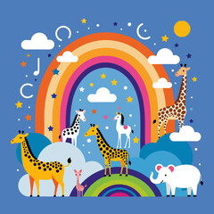 Obraz premium Cute Cartoon Animals Under Rainbow - Giraffes Horses and Elephant Illustration - Colorful Childrens Art for Nursery Decor or Educational Materials