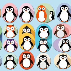 Naklejka premium Cute Cartoon Penguin Pattern - Colorful Background with Penguin Illustrations - Fun and Playful Penguin Designs for Kids and Adults - Penguin Art Print