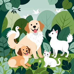 Naklejka premium Cute Cartoon Pets in a Forest Illustration- Happy Dogs- Playful Cat- Adorable Birds- Whimsical Animal Art for Kids- Nature Scene with Friendly Creatures