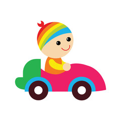 Cute Baby Girl Driving a Rainbow Colored Toy Race Car