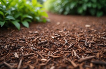 High angle view of mulch background. Brown, textured surface with shredded wood chips, tree bark, small sticks. Garden detail with green plants, eco-friendly material, perfect for gardening projects.