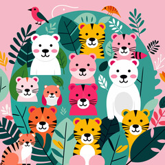 Fototapeta premium Cute Cartoon Tigers & Bears in Jungle Foliage- Playful Animal Illustration for Kids- Colorful Wildlife Art with Tropical Plants- Perfect for Nursery Decor