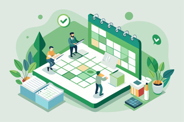 Project planning collaboration, team working with calendar and documents, time management or task arrangement concept, vector illustration of office cooperation.
