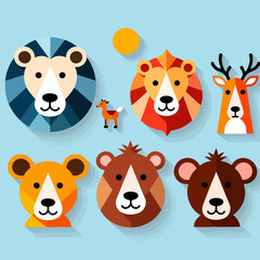 Obraz premium Cute Geometric Animals Illustration-Lion Bear and Deer Cartoon Art-Modern Animal Graphic Design-Colorful Children's Animal Icons-Creative Flat Animal Design