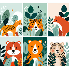 Naklejka premium Cute Jungle Animals- Cartoon Tigers and Bears in Nature- Playful Animal Art for Kids- Nursery Decor- Whimsical Wildlife Illustrations