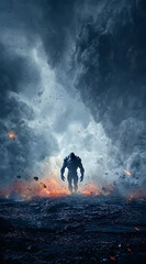 Lone figure stands defiant against a stormy, apocalyptic landscape.
