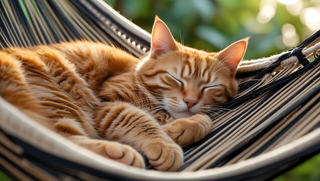 A ginger cat luxuriates in a hammock enjoying a peaceful nap outdoors in sunlight