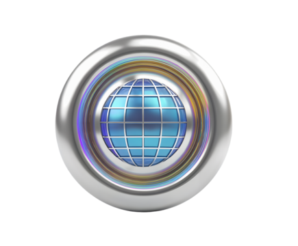 Global Network Icon Shiny Metal Globe Button Design, transparent background