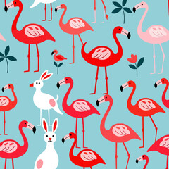 Fototapeta premium Flamingo Pattern- Whimsical Design with Red and Pink Flamingos- Cute Rabbits and Tropical Leaves on Light Blue Background- Playful Animal Print Design- Unique Illustration