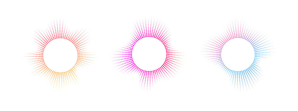 A set of rainbow equalizers made of bursting beams . Radial sound, sound multicolor neon waves. Musical symbol, circular sound waves. Vector radial spectrum.