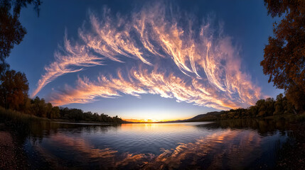 Fototapeta premium Dramatic sunset over calm lake with fiery cirrus cloud formations.