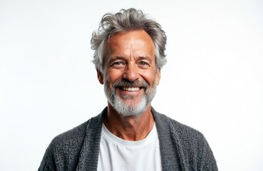 Obraz premium Portrait of cheerful senior man with grey hair looking at camera. Smiling mature male wearing knitted cardigan. Happy adult with white beard, 50s, smiling, studio shot against white background.