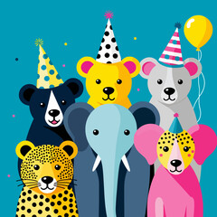Party Animals Illustration Featuring Bears- Elephant- Leopard- and Dog Wearing Festive Hats and Balloon- Fun Colorful Birthday Celebration Image