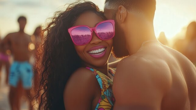 Joyful Black woman in colorful dress and pink sunglasses dancing and hugging bearded man at vibrant beach party at sunset, with bokeh crowd and cinematic bohemian style.