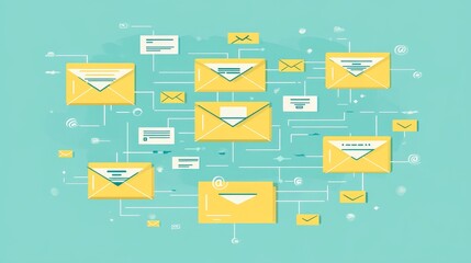 Digital Communication Illustrated With Various Yellow Envelopes Against a Light Blue Background Showing the Flow of Messages and Connections
