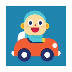 Happy Baby in a Retro Style Toy Car with Headlights