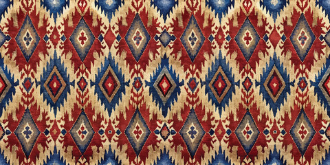 Vibrant geometric textile pattern in rich reds, blues, and creams.